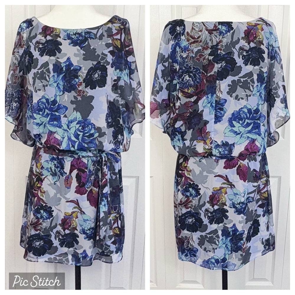 SL Fashions Blue Multi Floral Sheer Poncho Sleeve Elastic Waist Dress 16